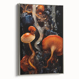 Framed canvas featuring a vintage landscape art painting with colorful elements and black accents.