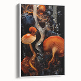 Vintage poster art on framed canvas, featuring colorful natural elements on a black background, ideal for living room decor.