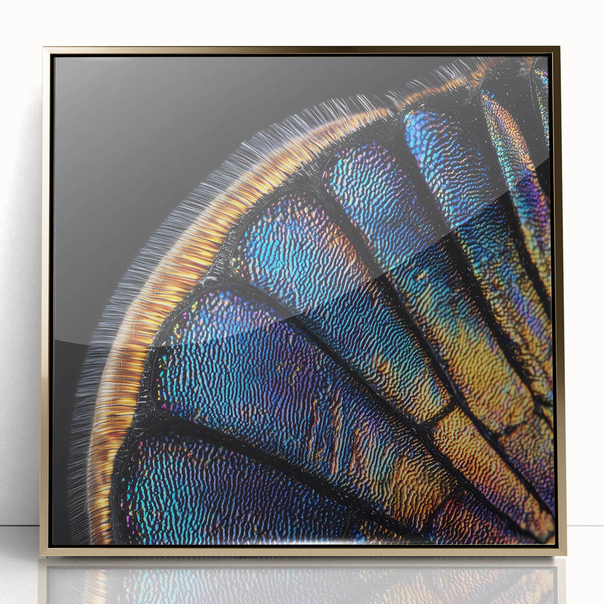 Close-up of a zebra in muted black and white tones, acrylic print in gold frame, suitable for modern nursery wall art.
