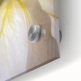 Large abstract floral print in vibrant colors on acrylic glass, ideal for dining room art in a mid-century modernist style.