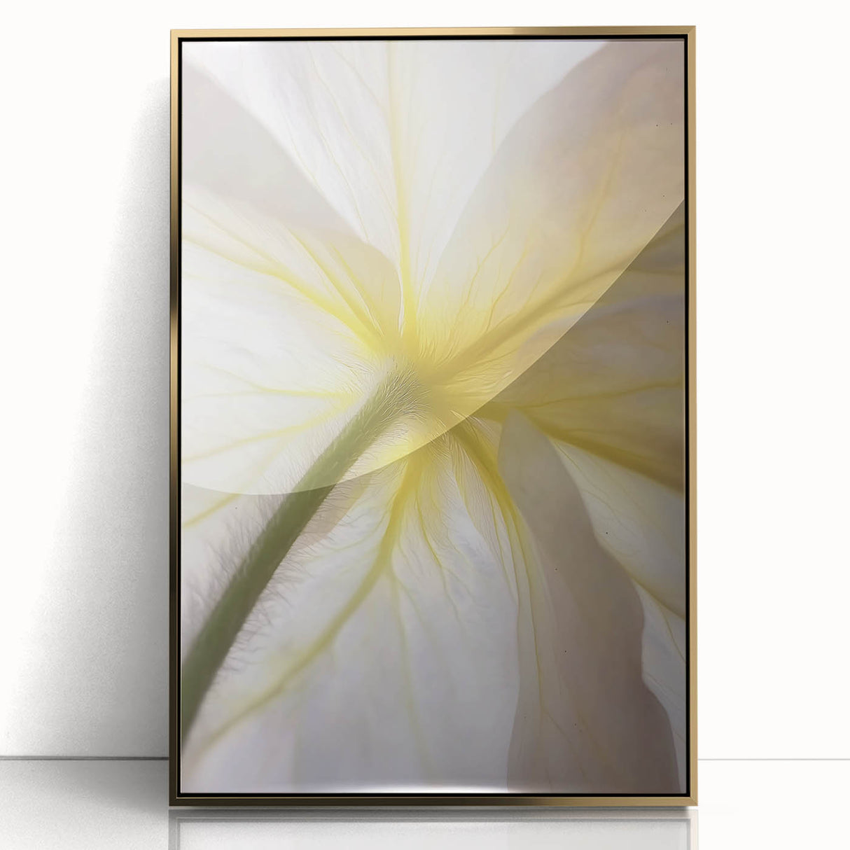Large art print of close-up floral imagery in muted earth tones on acrylic, framed in gold, in mid-century modernist style.