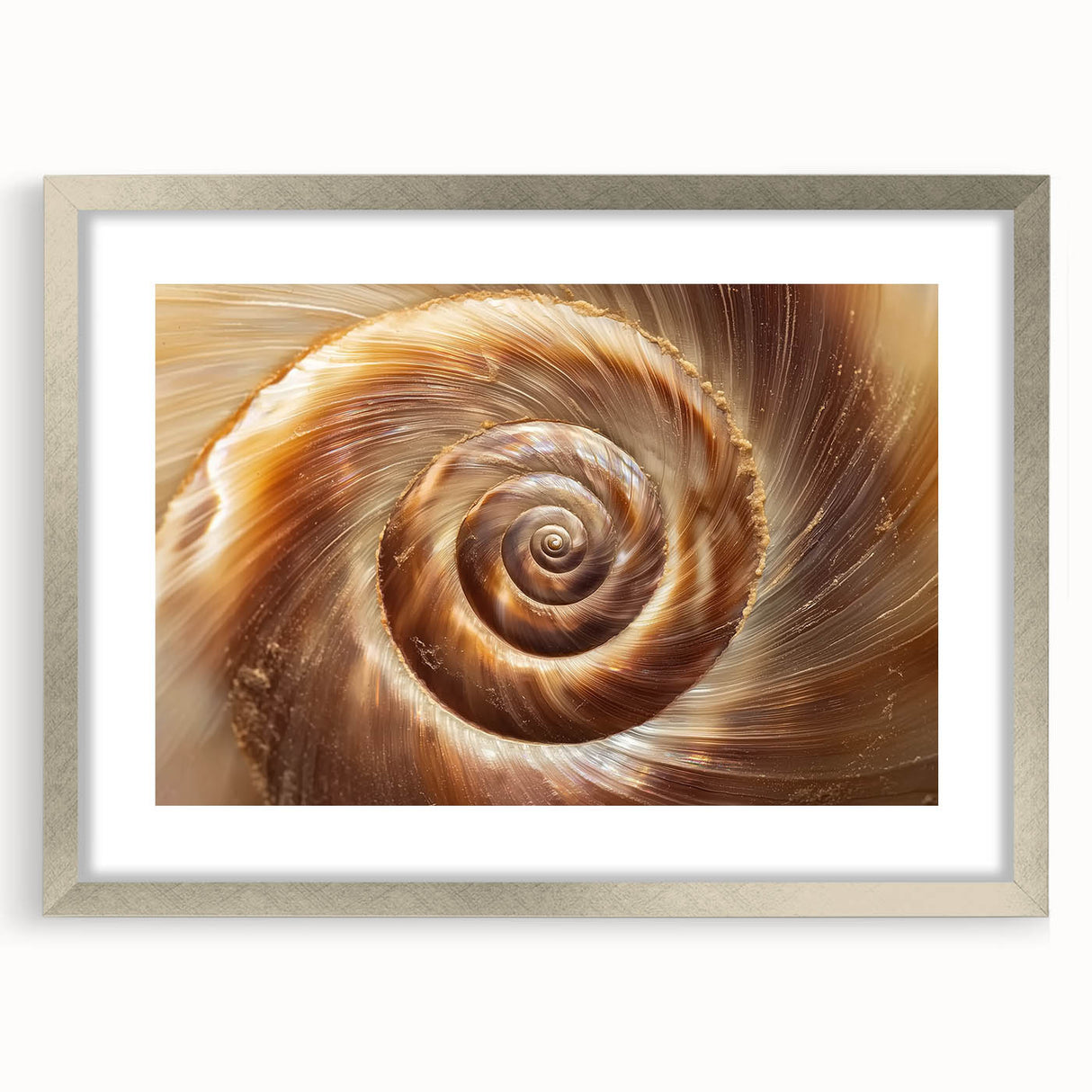 Textured art print of abstract nature elements in muted earth tones on a silver-framed mat, ideal for bedroom decor.