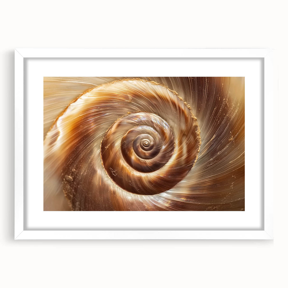 Abstract art print featuring close-up elements of nature in muted green and brown tones, framed in white.