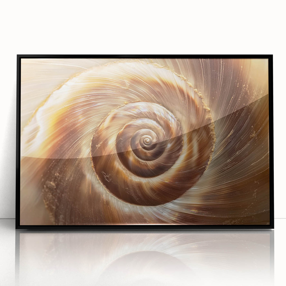 Art deco poster featuring a close-up of nature elements in muted green and brown tones, framed in black acrylic.