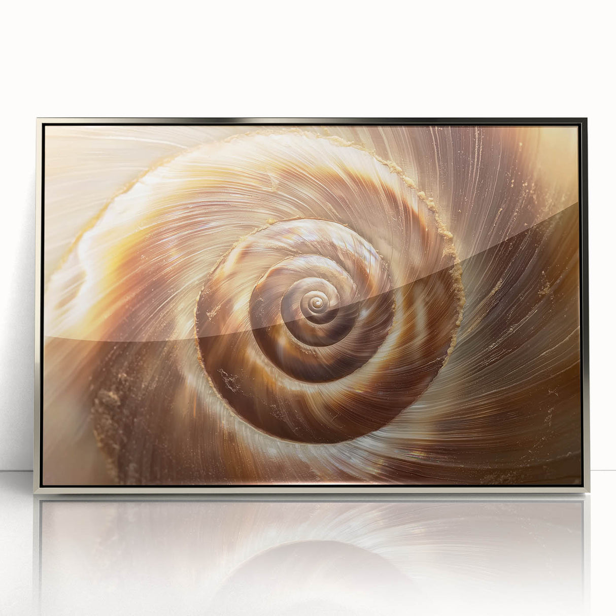 Large art print of a silver-framed acrylic depicting close-up nature elements in mid-century modernist style.