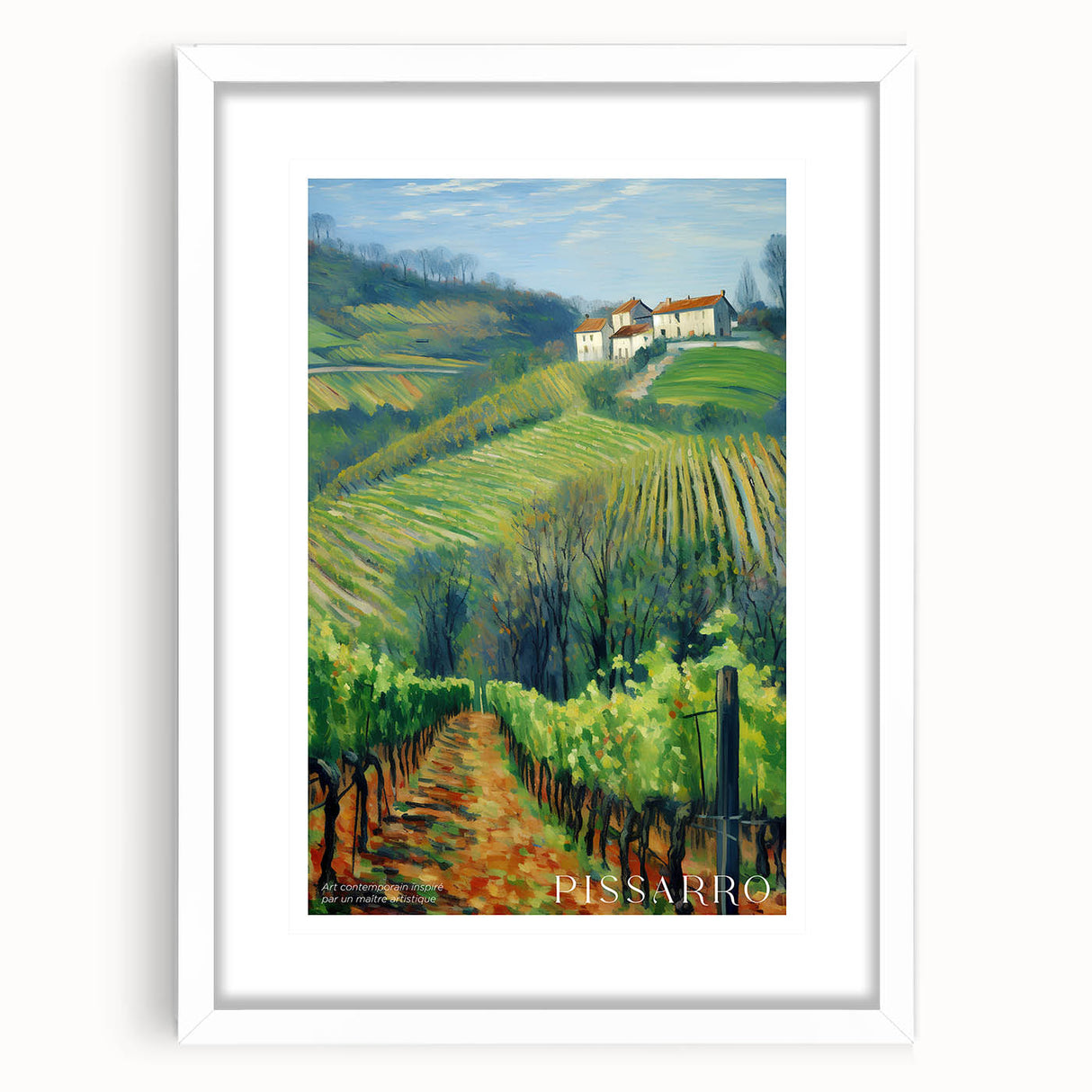 Abstract art print featuring swirling blue and green patterns on a white framed canvas.