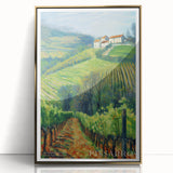 Large art print of a mid-century modernist style cityscape in muted gold and blue tones on acrylic.