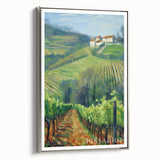 Framed canvas featuring a Camille Pissarro-inspired landscape art painting with colorful, vintage-style imagery.