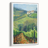 Vintage poster art of colorful abstract patterns on a large framed canvas, suitable for living room decor.