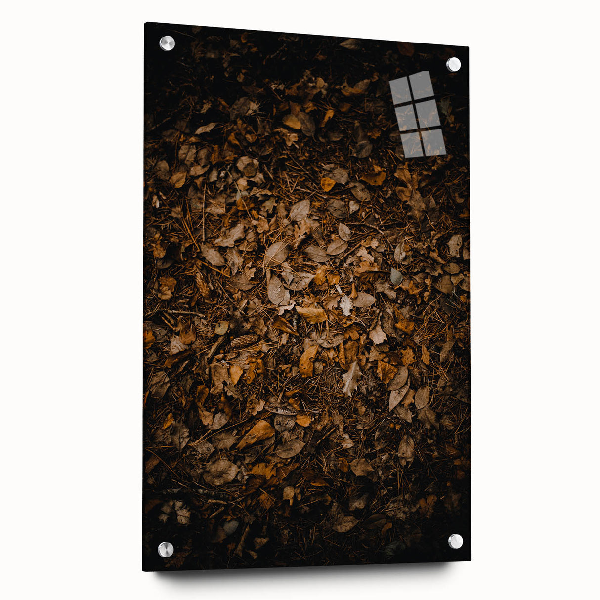 Large abstract wall art on acrylic glass depicting fall colors, ideal for bedroom or dining room decor.