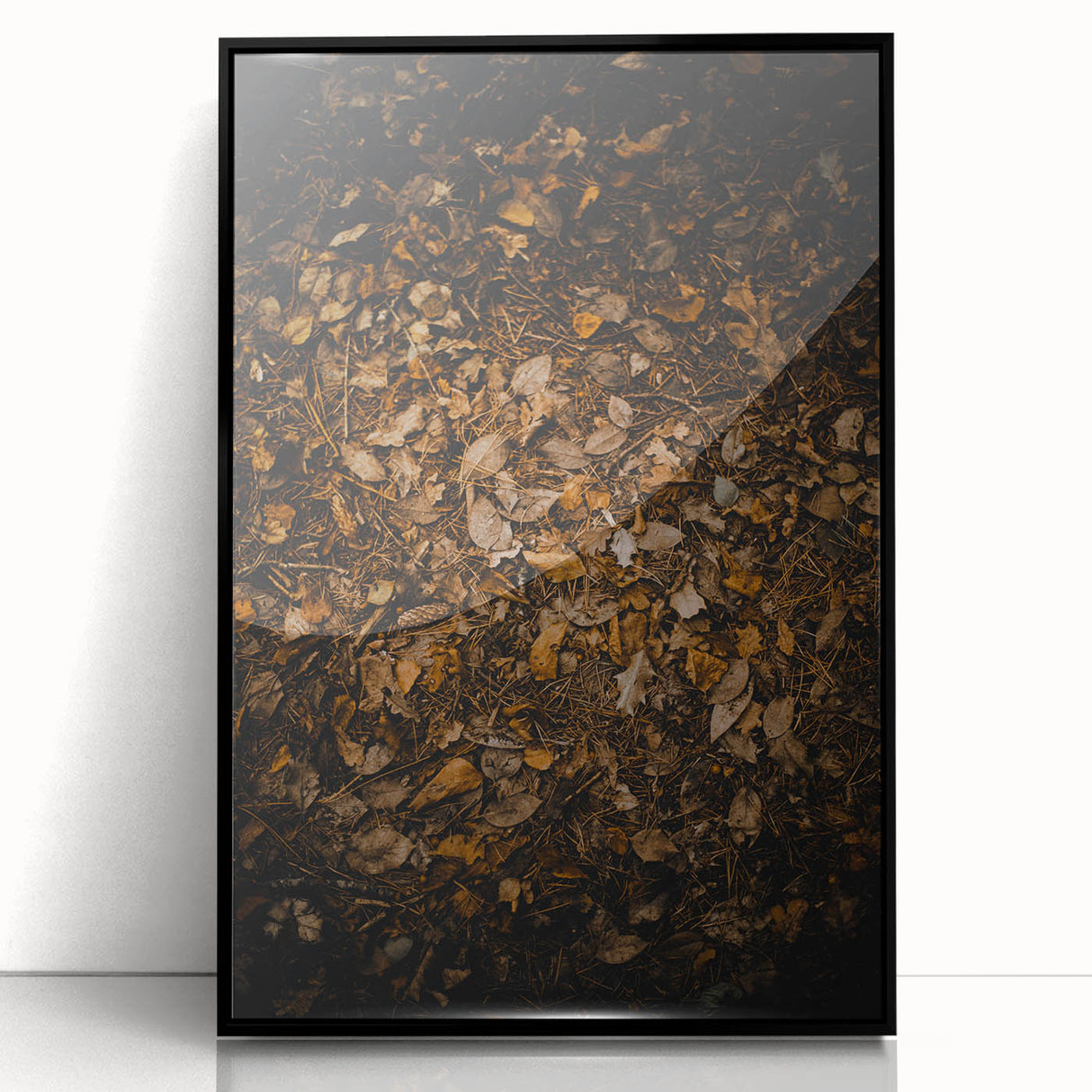 Large abstract wall art depicting autumnal colors in mid-century modernist style, framed in black acrylic.