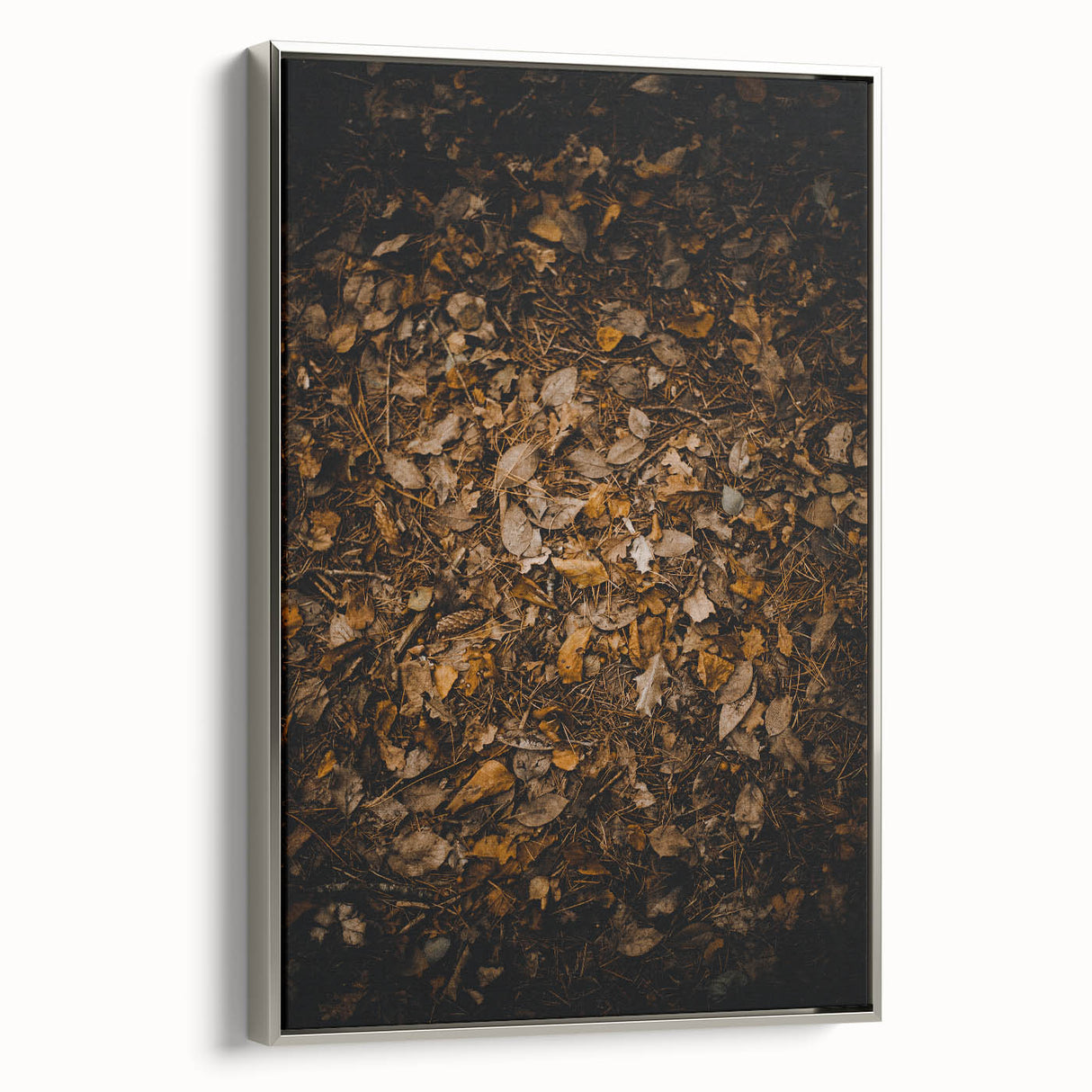 Framed canvas depicting a vintage landscape art painting with colorful autumn trees against a black background.