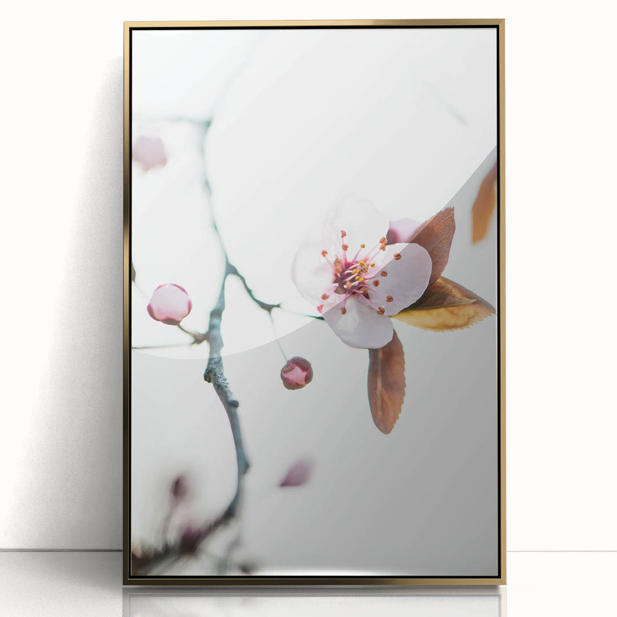 Mid-century modernist style large art print of spring season, with vibrant green and gold tones on acrylic.