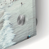 Large abstract wall art in vibrant orange and yellow hues on acrylic glass, ideal for dining room ambiance.