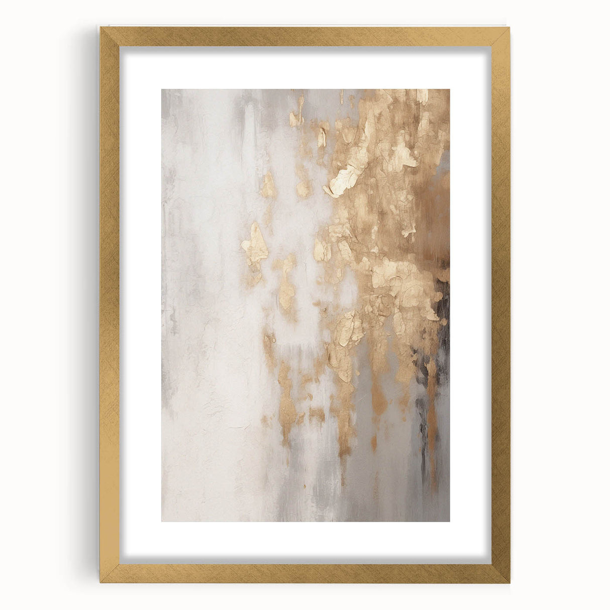 Extra large abstract art print with textured white and gray swirls on a gold-framed canvas, suited for living room decor.