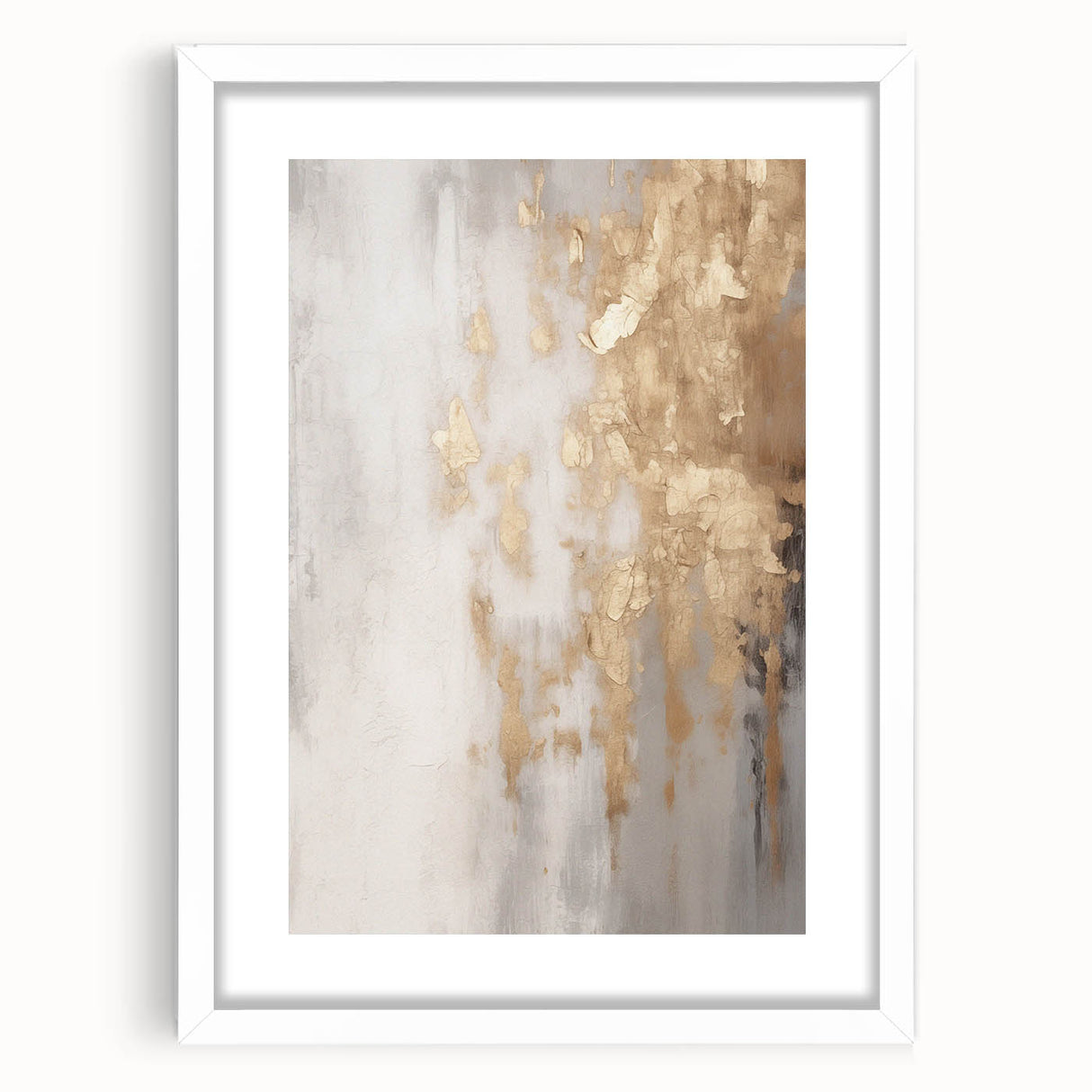 Abstract art print depicting a winter scene in muted blue and white tones, framed with a white mat.