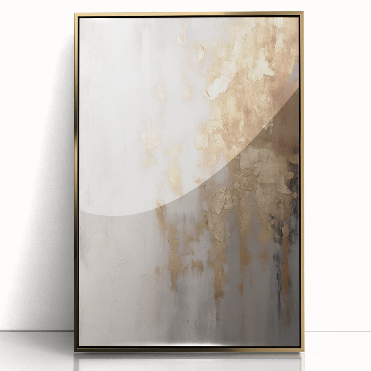 Large art print of a mid-century modernist winter scene in muted blue and white tones, framed in gold acrylic.