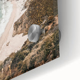 Large abstract wall art in vibrant orange and blue hues on acrylic glass, mid-century modernist style.