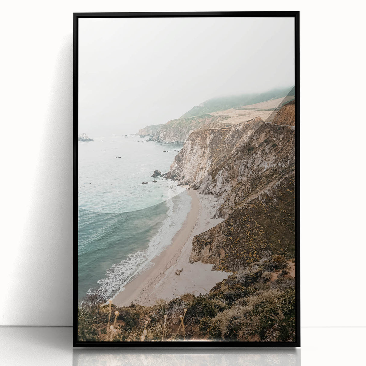 Large abstract wall art featuring swirling blue and white patterns on acrylic, in a black frame.