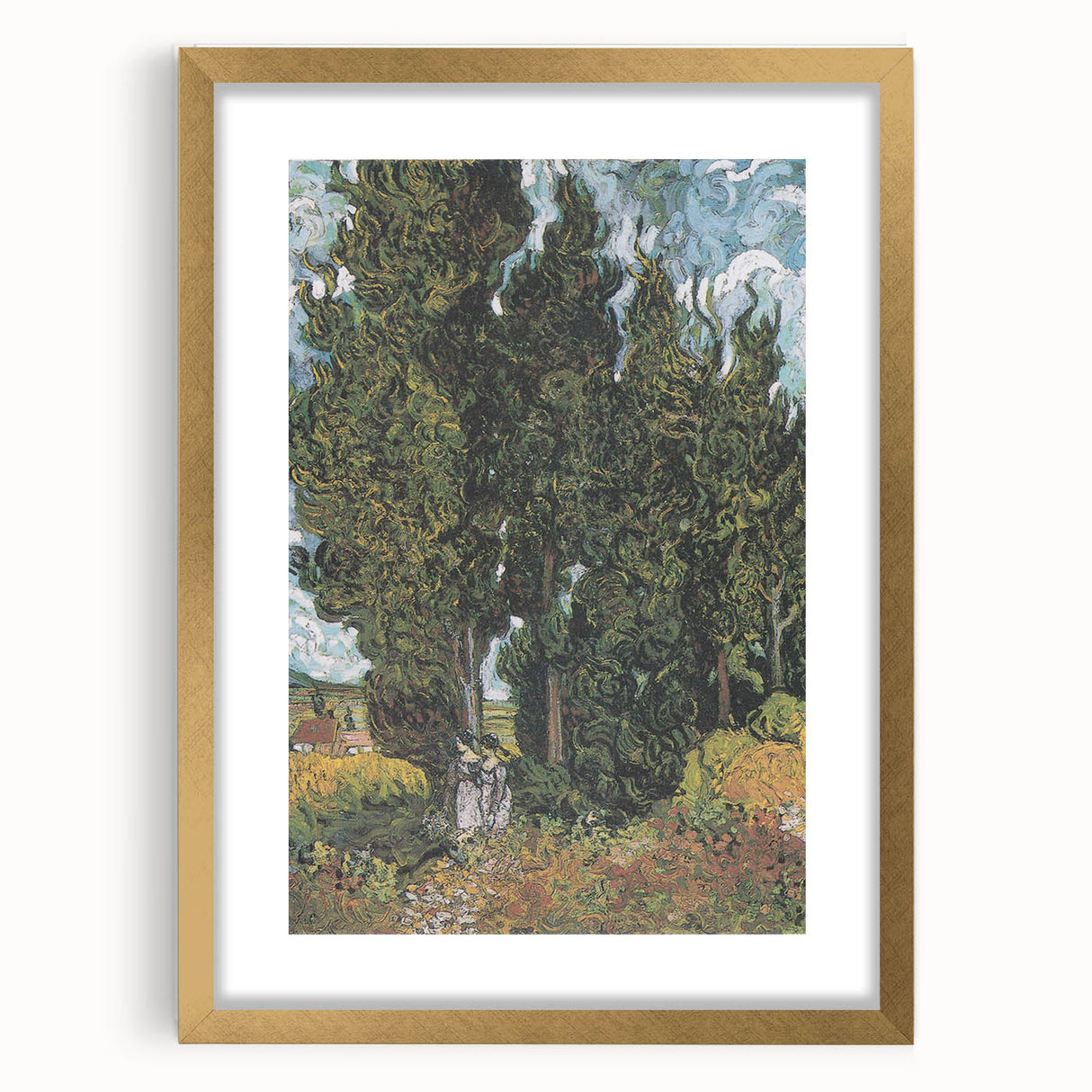 Abstract art print in gold frame, featuring swirling blue and yellow patterns, ideal for dining room decor.