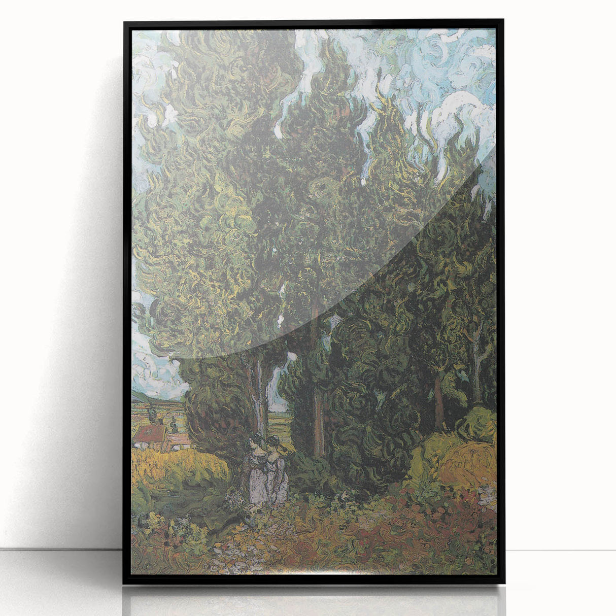 Large abstract wall art featuring vibrant blue and yellow swirls on a black acrylic print, framed.