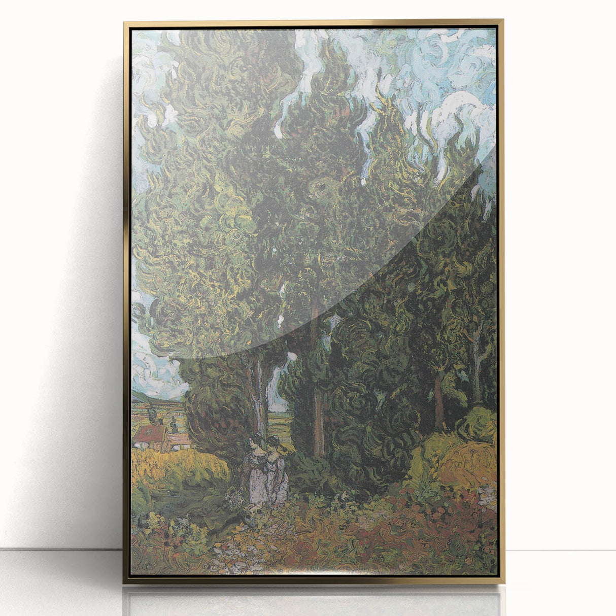 Art deco poster of a stylized cityscape in muted gold tones on acrylic, ideal for modern art wall decor.