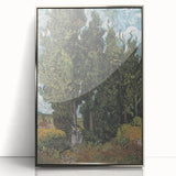 Large art print of Van Gogh-inspired scene in acrylic, with silver frame, featuring mid-century modernist style.