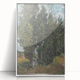 Mid-century modernist art depicting a Van Gogh-inspired scene on a white acrylic framed poster.
