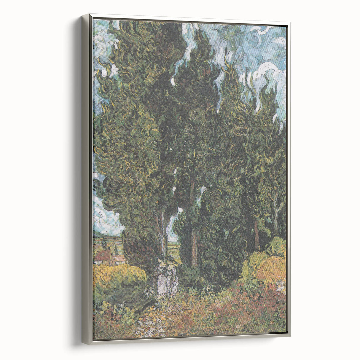 Side view of a framed canvas depicting a Van Gogh-inspired landscape painting with vibrant colors.
