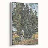 Vintage poster art of Van Gogh's painting on a framed canvas, featuring colorful art on a black backdrop.