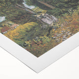 Art deco poster featuring geometric patterns in muted gold and teal, printed on rolled canvas.