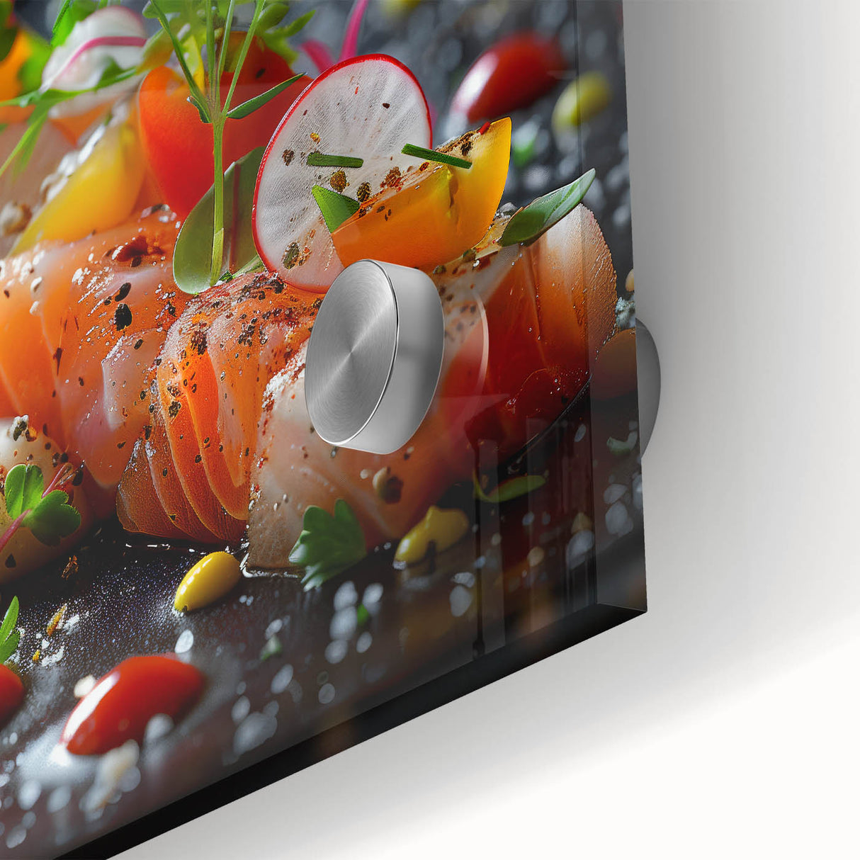 Large abstract wall art in vibrant blue and green shades on acrylic glass, ideal for dining room ambiance.