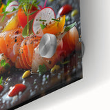 Large abstract wall art in vibrant blue and green shades on acrylic glass, ideal for dining room ambiance.