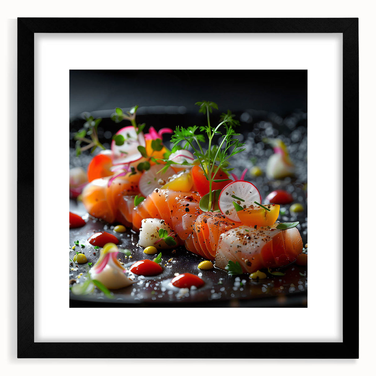 Extra large abstract art print featuring vibrant, colorful textures on a black framed canvas, ideal for living room decor.
