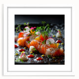 Abstract art print featuring swirling blue and white patterns on a framed poster, suitable for dining room decor.