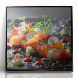 Large abstract wall art featuring a mid-century modernist design in muted earth tones, displayed in a black acrylic frame.