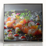 Mid-century modernist art featuring geometric shapes and pastel colors on a silver-framed acrylic print.