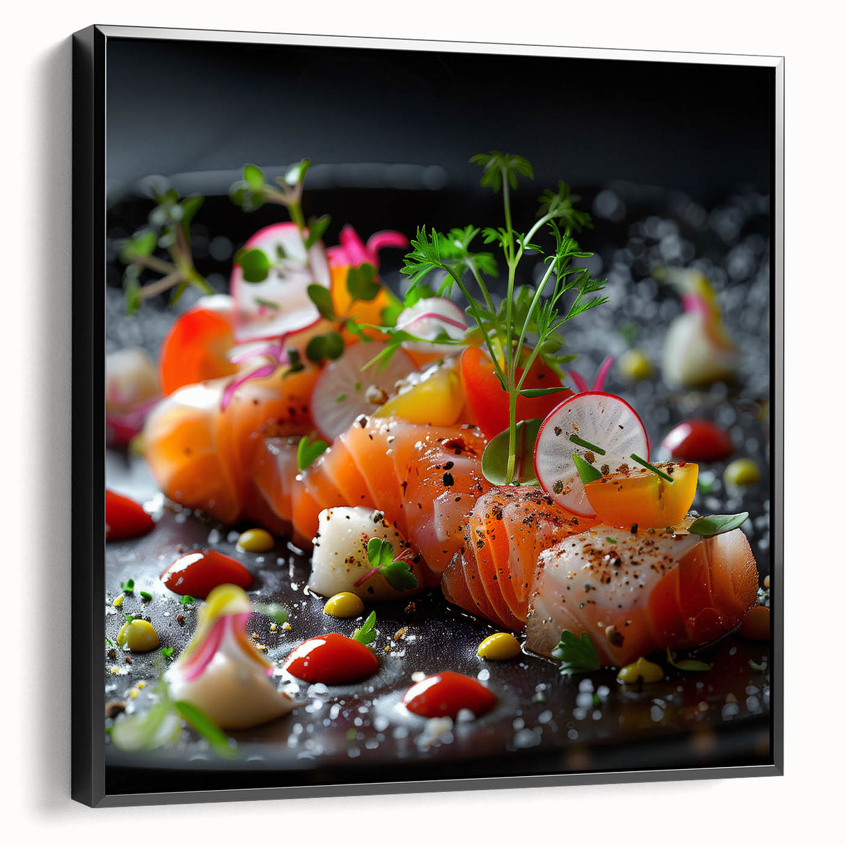 Black and white vintage poster art of dishes on a framed canvas, suitable for bedroom wall decor.