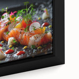 Close-up of extra large black wall art featuring colorful, textured dishes on a framed canvas, ideal for living room decor.