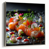 Landscape art painting featuring colorful dishes on a black background, presented in a silver frame.