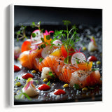 Vintage poster art of colorful dishes on a white background, framed canvas, ideal for living room decor.