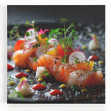 Large black and white canvas of stacked dishes, ideal for kitchen wall art.