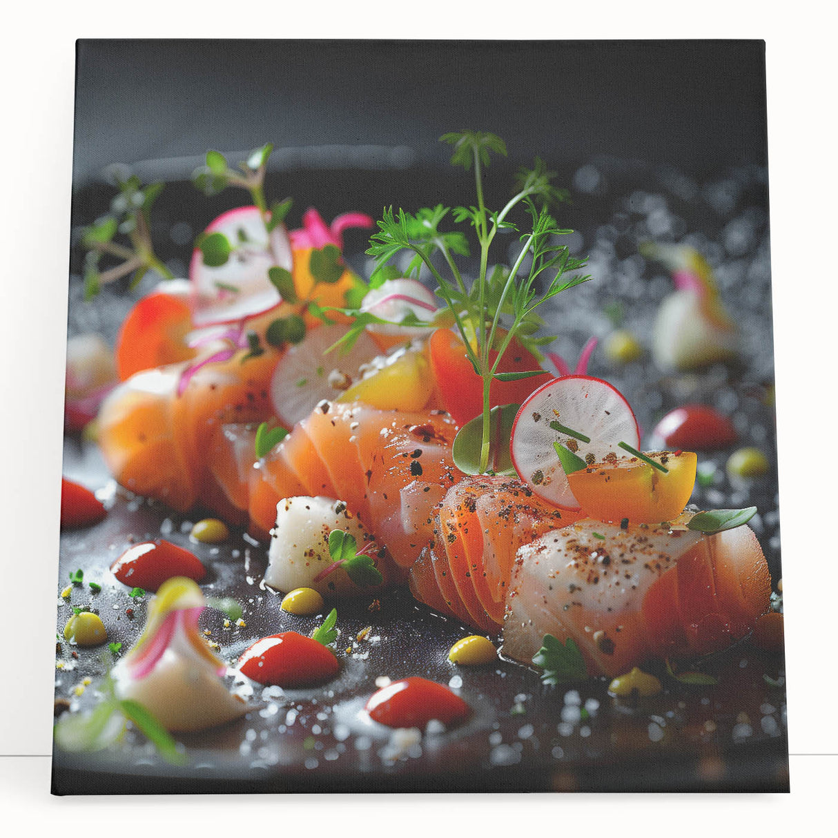 Black and white photo of stacked dishes on a large stretched canvas, suitable as kitchen wall art.