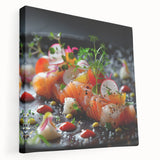 Large canvas print featuring an array of colorful, abstract dishes, ideal for kitchen wall art.
