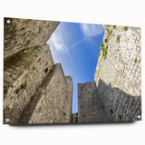 Side view of an acrylic glass landscape featuring a majestic castle design, mounted with pins for display, showcasing vibrant colors and fine details, perfect for home decor.