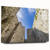 Acrylic glass landscape artwork showcasing a majestic castle surrounded by lush greenery, captured from a side view, highlighting vibrant colors and details.