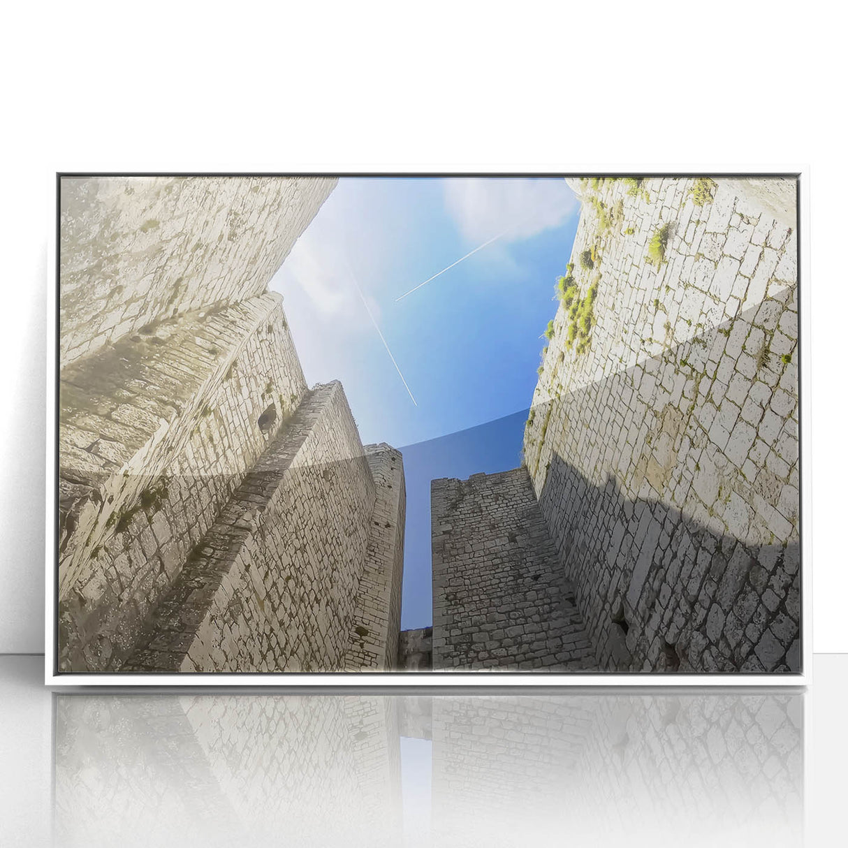 Framed acrylic artwork showcasing a picturesque landscape with a castle, set in a sleek white frame, perfect for home decor or office enhancement. This vibrant piece highlights rich colors and intricate details, making it an ideal choice for art enthusiasts.