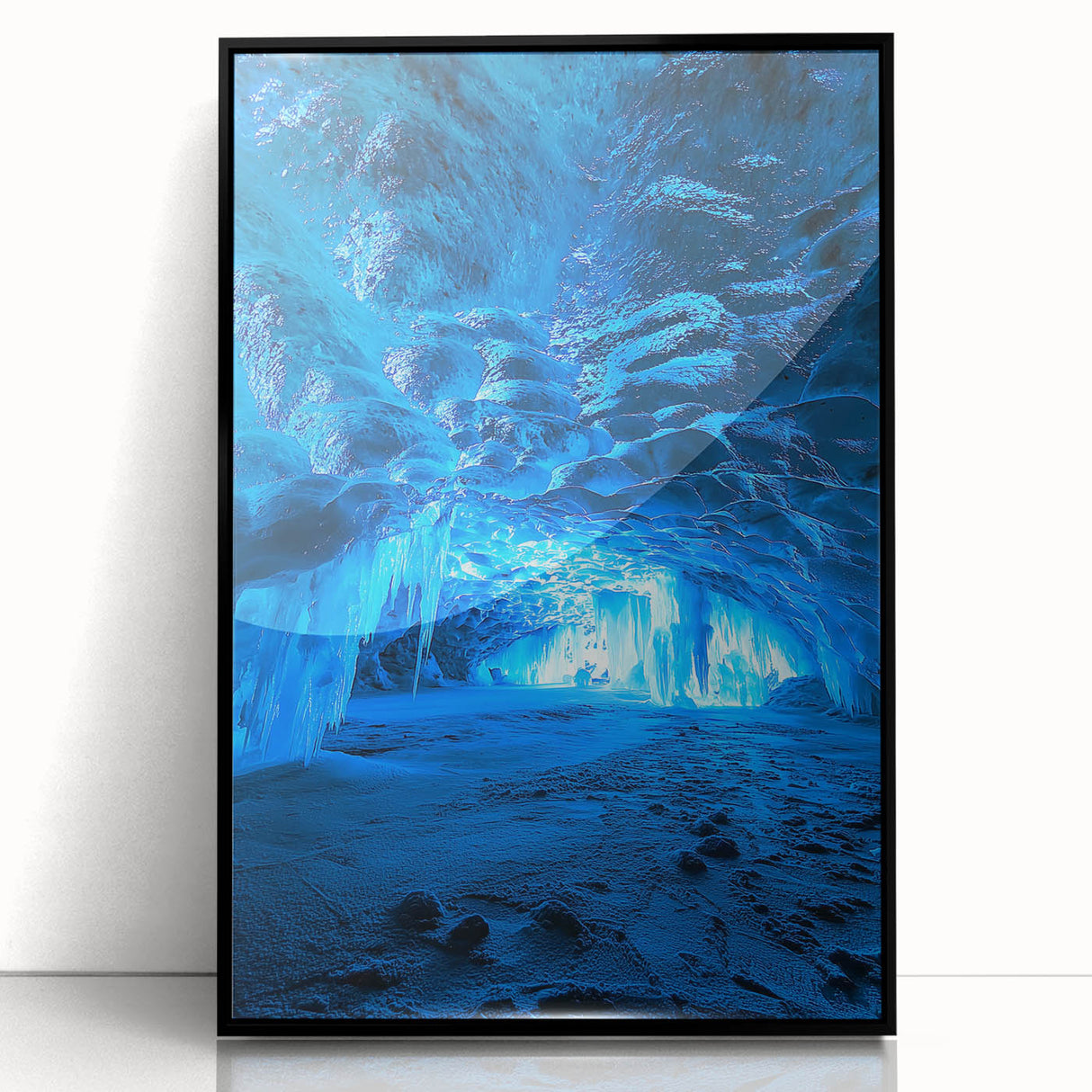 Framed acrylic artwork showcasing a stunning cave landscape with intricate details and vibrant colors, presented in a sleek black frame. Ideal for home decor.