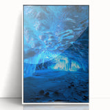 Framed acrylic artwork depicting a serene landscape with caves, presented in a sleek white frame, perfect for modern home decor and art enthusiasts.