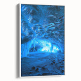 Framed canvas art showcasing a stunning landscape scene with caves, displayed in a sleek white frame, perfect for modern home decor and interior design.